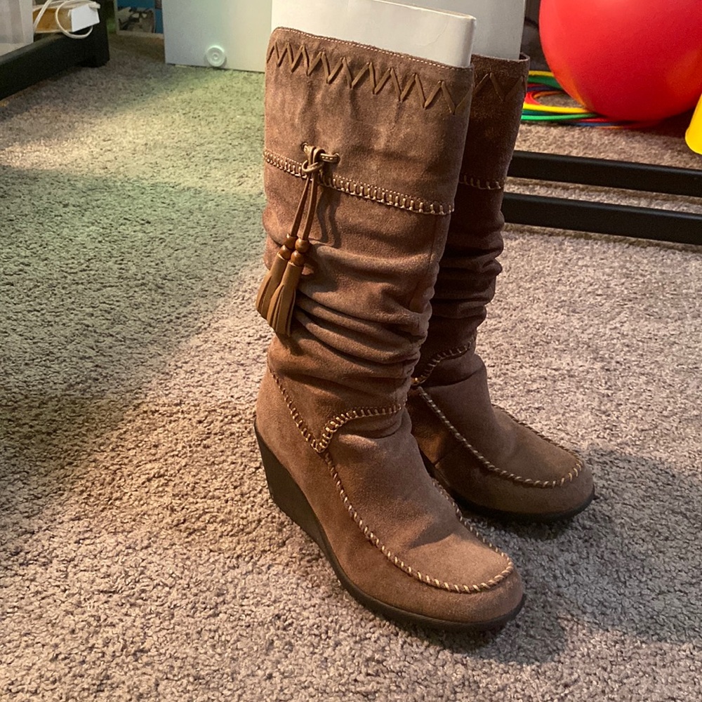 Forleia Brown Suede Tall Boots with Tussles